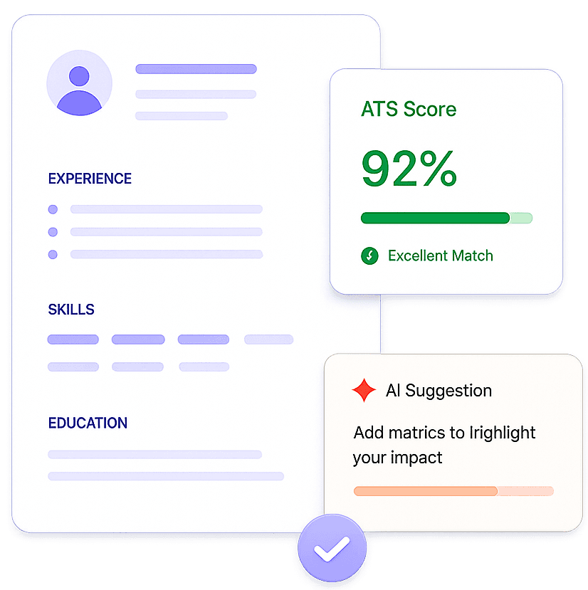 ATS-friendly resume preview with score and AI suggestions